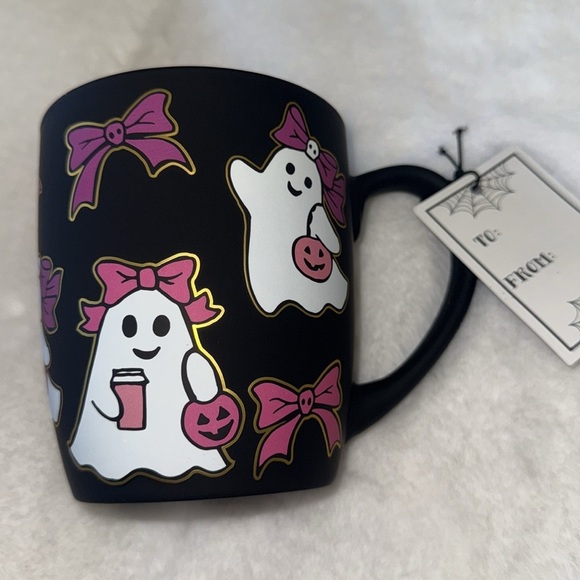 ✨NEW👻Cobwebs and Cauldrons Black Soft Touch Ghosts and Pink Bows Mug🩷🎀👻 - Picture 3 of 7